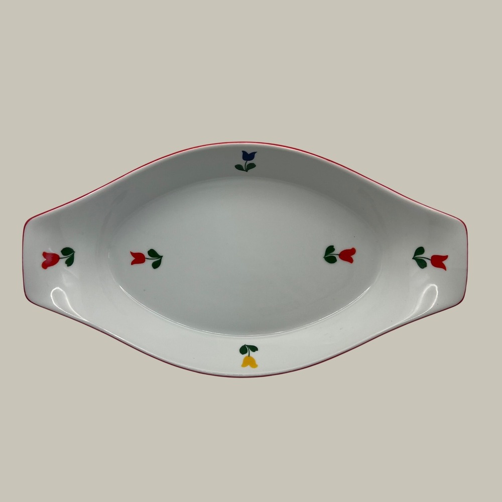 Vintage Unsigned Tulip Design Casserole Dish Modern Danish Style Cottagecore